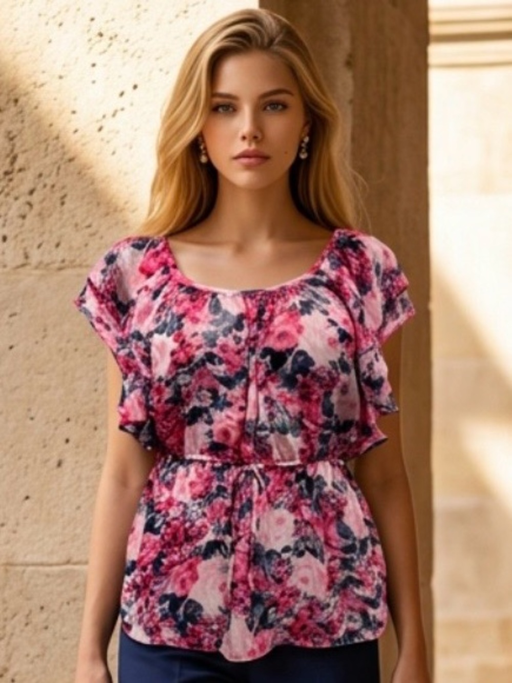 Free | Women’s Pink Floral Ruffled Blouse with Drawstring Waist